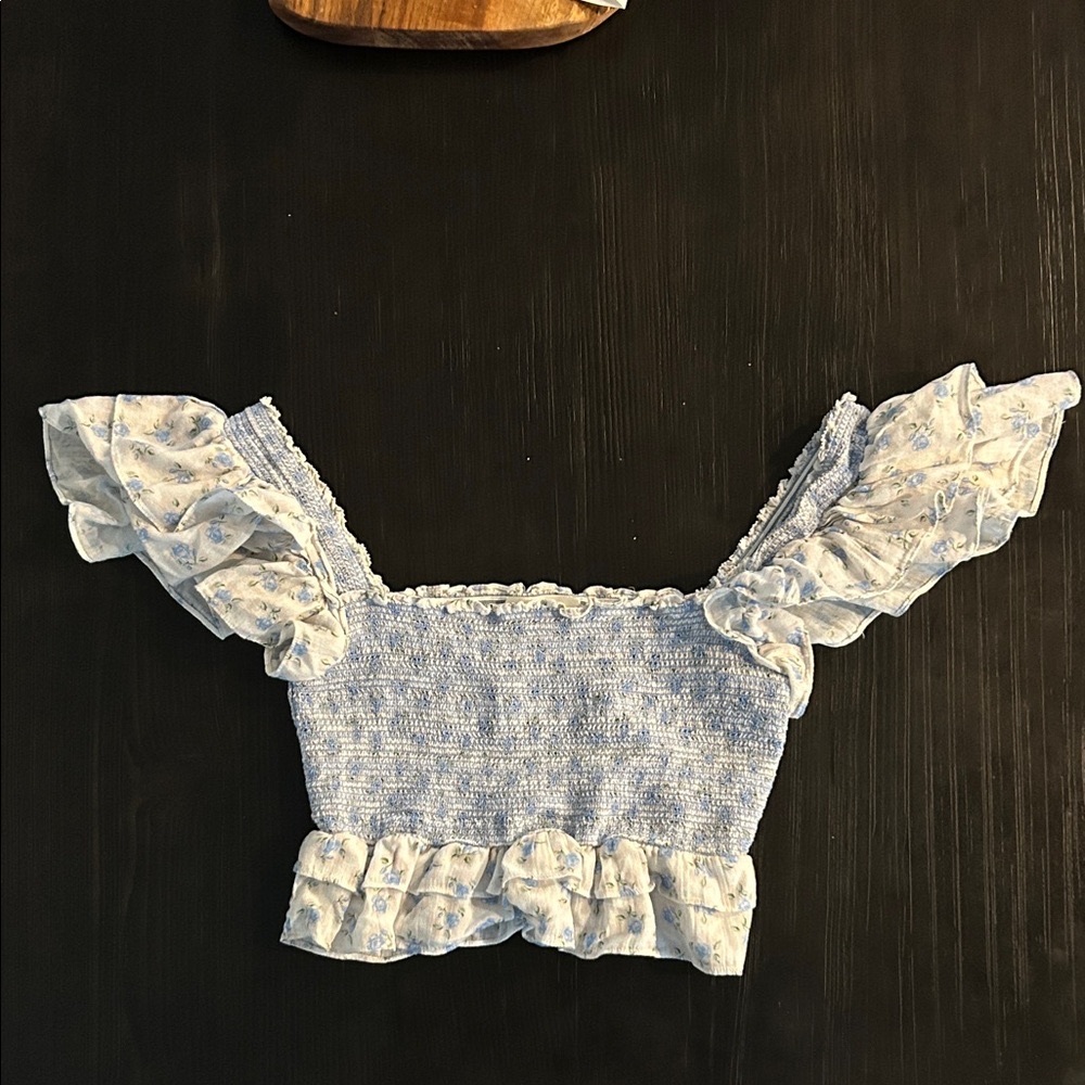 LoveShackFancy Light Blue Floral Ruffle Blouse